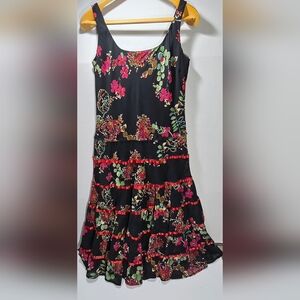 Jones New York 16 Floral Black Dress Sleeveless Tiered Red Ribbon Lined